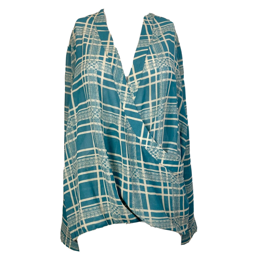 Cabi Shirt Womens Sz M Teal Blue‎ Ivory Plaid V-Neck Wrap Bubble Blouse